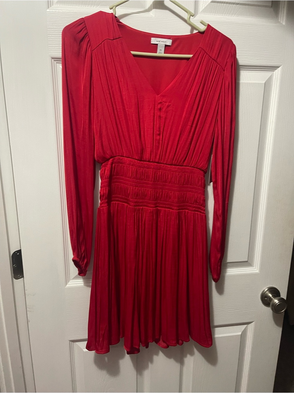 Nine West Red Long Sleeve V-Neck Smocked Waist Dress